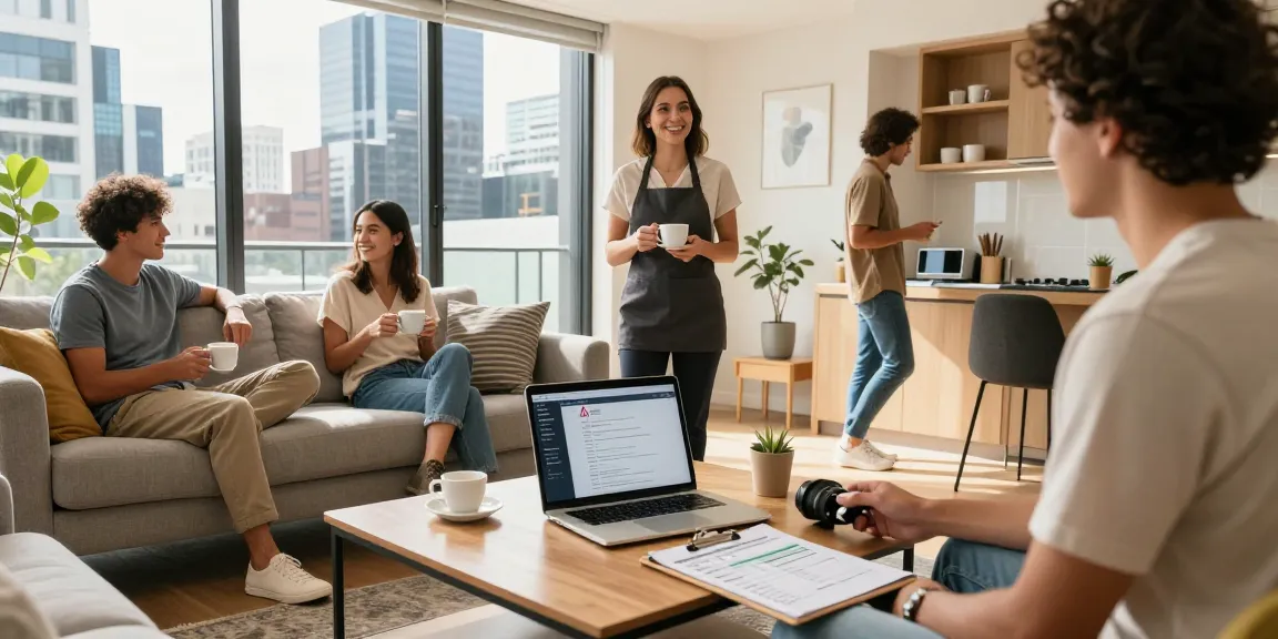Short-stay property management Melbourne scene showing a well-styled rental and a property manager welcoming guests with a warm smile.