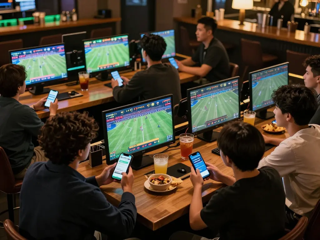 Bong88 users engaging in exciting sports betting at a lively bar, showcasing mobile app betting.