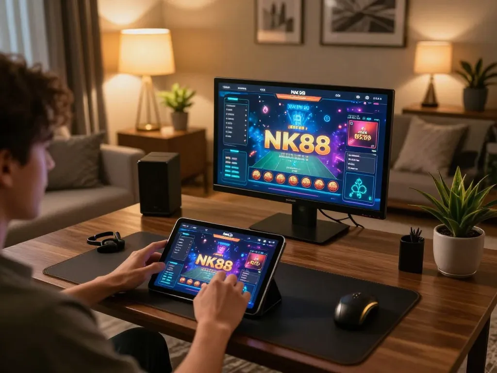 Nk88 user interacting with mobile casino app in a cozy home setting.