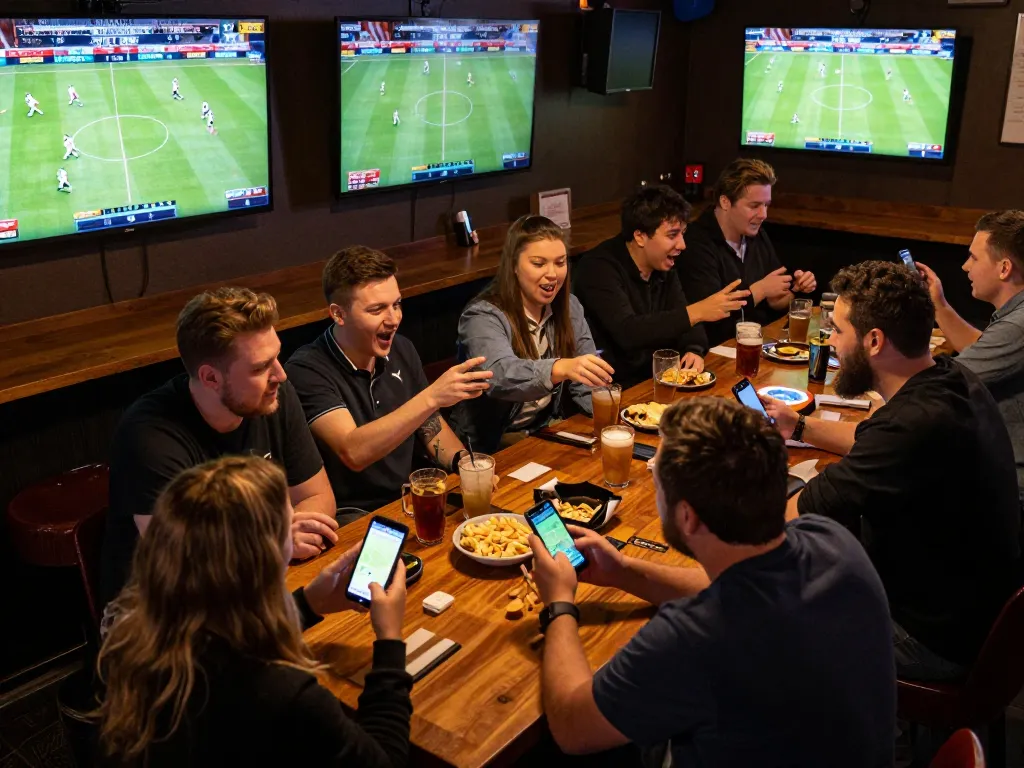 Exciting sports betting scene at a bar with patrons placing bets using luck8 apps on smartphones.
