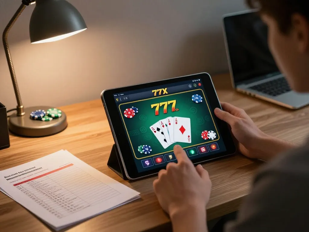 Playing poker on the 777x casino app while managing a strategy notebook.