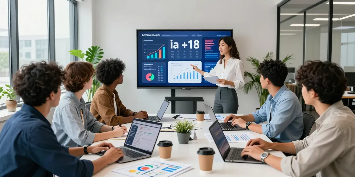 Marketing team discussing strategies for 'ia +18' in a vibrant office.