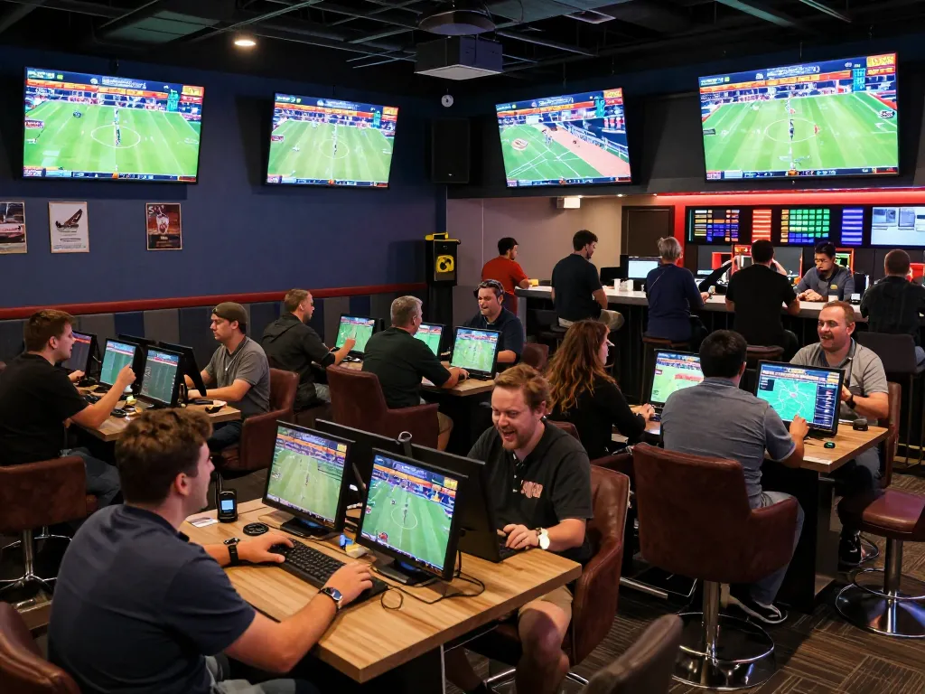 KJC sports betting lounge bustling with excited bettors analyzing odds and placing bets