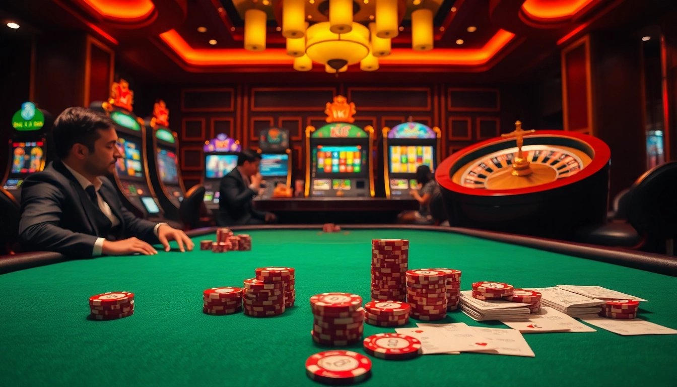 KJC branded poker table action with players, chips, and slot machines in a luxurious casino atmosphere.
