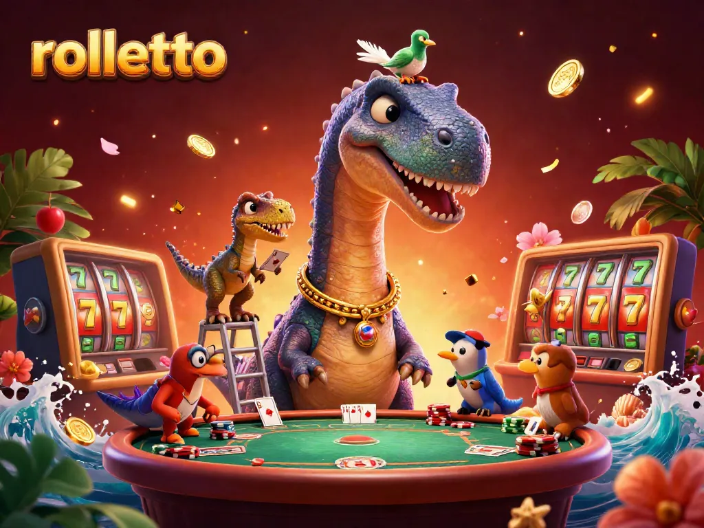 Join the rolletto fun with a playful brontosaurus and clever raptor at a vibrant casino table!