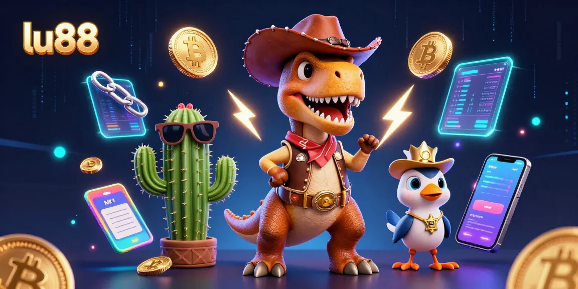Engage in thrilling gaming adventures with lu88's vibrant casino-themed illustration featuring a cowboy dinosaur.
