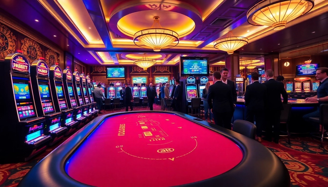 Players enjoying thrilling games at thabet casino with poker and slot machines.