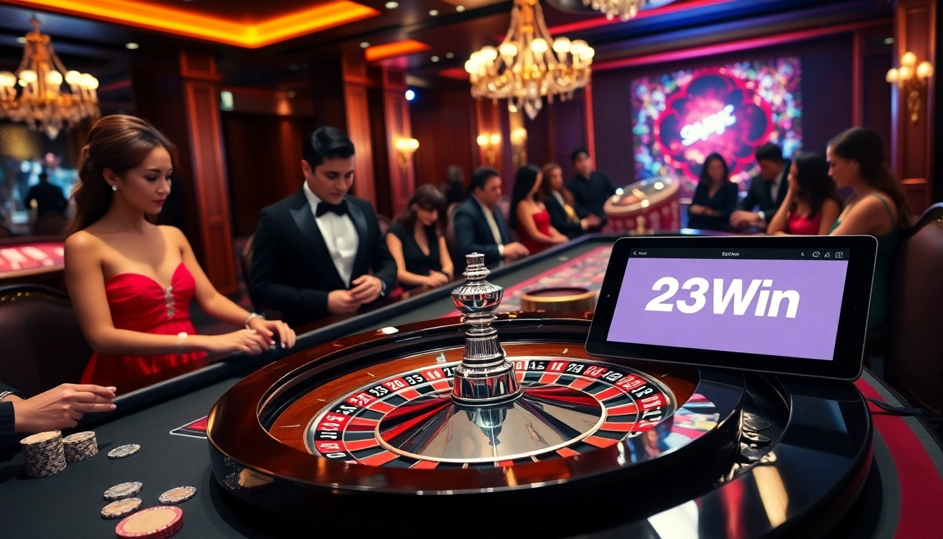 Experience the thrill of roulette at 23Win with a vibrant casino table scene.