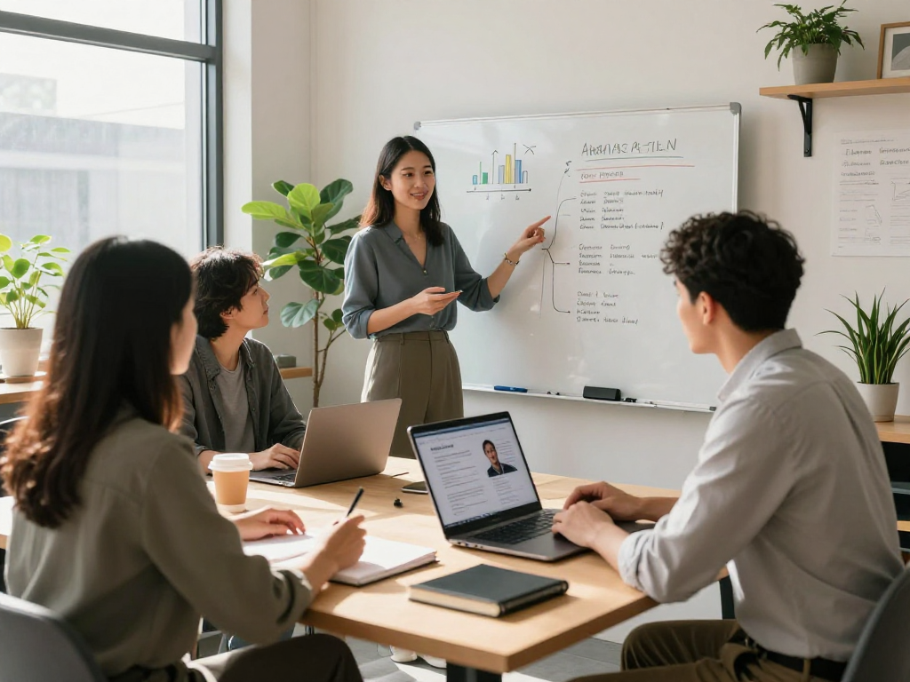 Self-employed professional connecting with clients in a modern workspace, showcasing portfolio and service offerings.