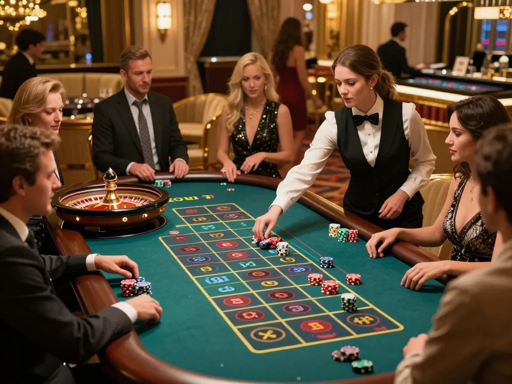 Experience the excitement of tr88 roulette gameplay with players engaged in high-stakes bets at a luxury casino.