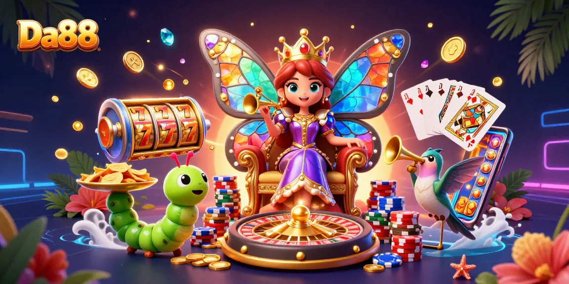 Experience the excitement of Da88 with a vibrant 3D illustration of a butterfly queen surrounded by casino elements.