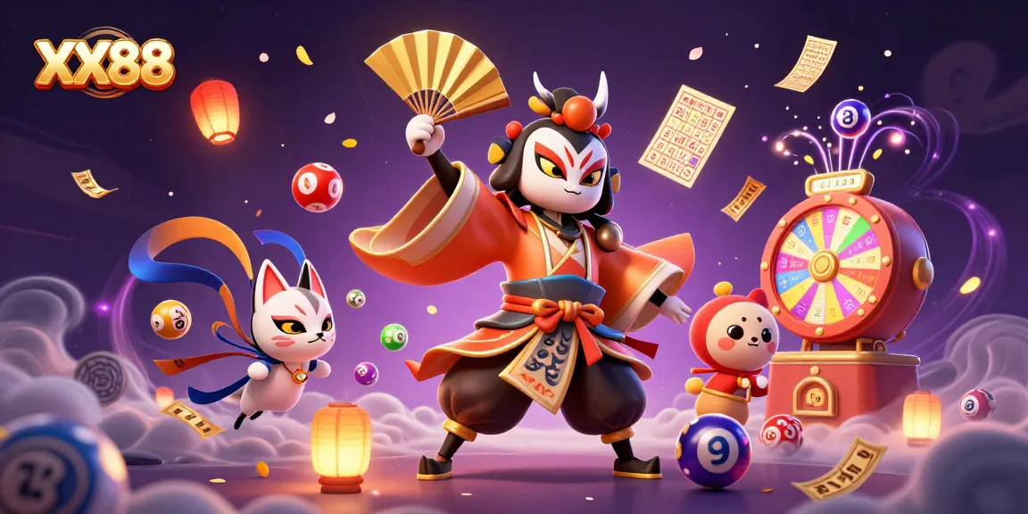 Engage in the thrill of XX88 with vibrant lottery elements and dynamic game illustrations.