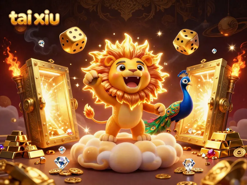 Engage with the thrilling game tai xiu as colorful dice and treasures illuminate the casino realm.