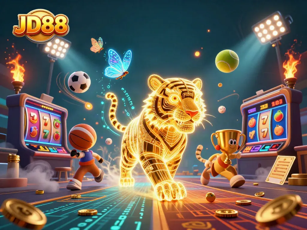 Experience the thrill of JD88 with a vibrant casino scene featuring a golden tiger amidst dynamic gaming elements.