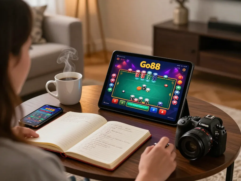 Engaging in online casino gaming on Go88 with a tablet, showcasing a vibrant poker game interface and strategic notes.