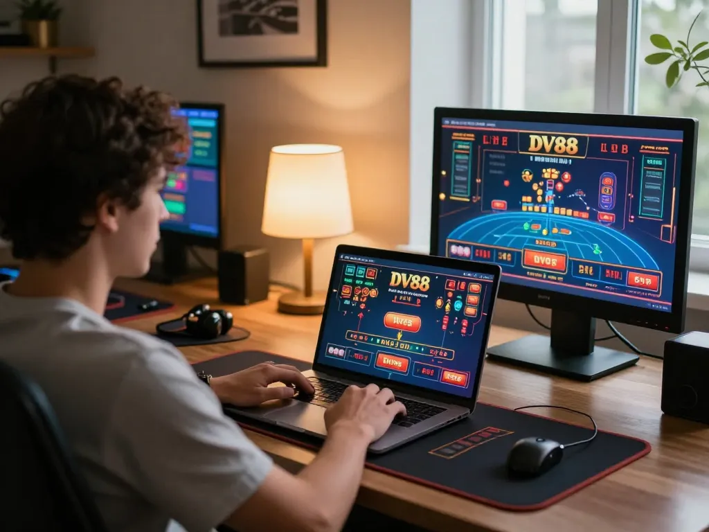 Engaging in DV88 live casino gameplay on a laptop in a warm, stylish home office setting