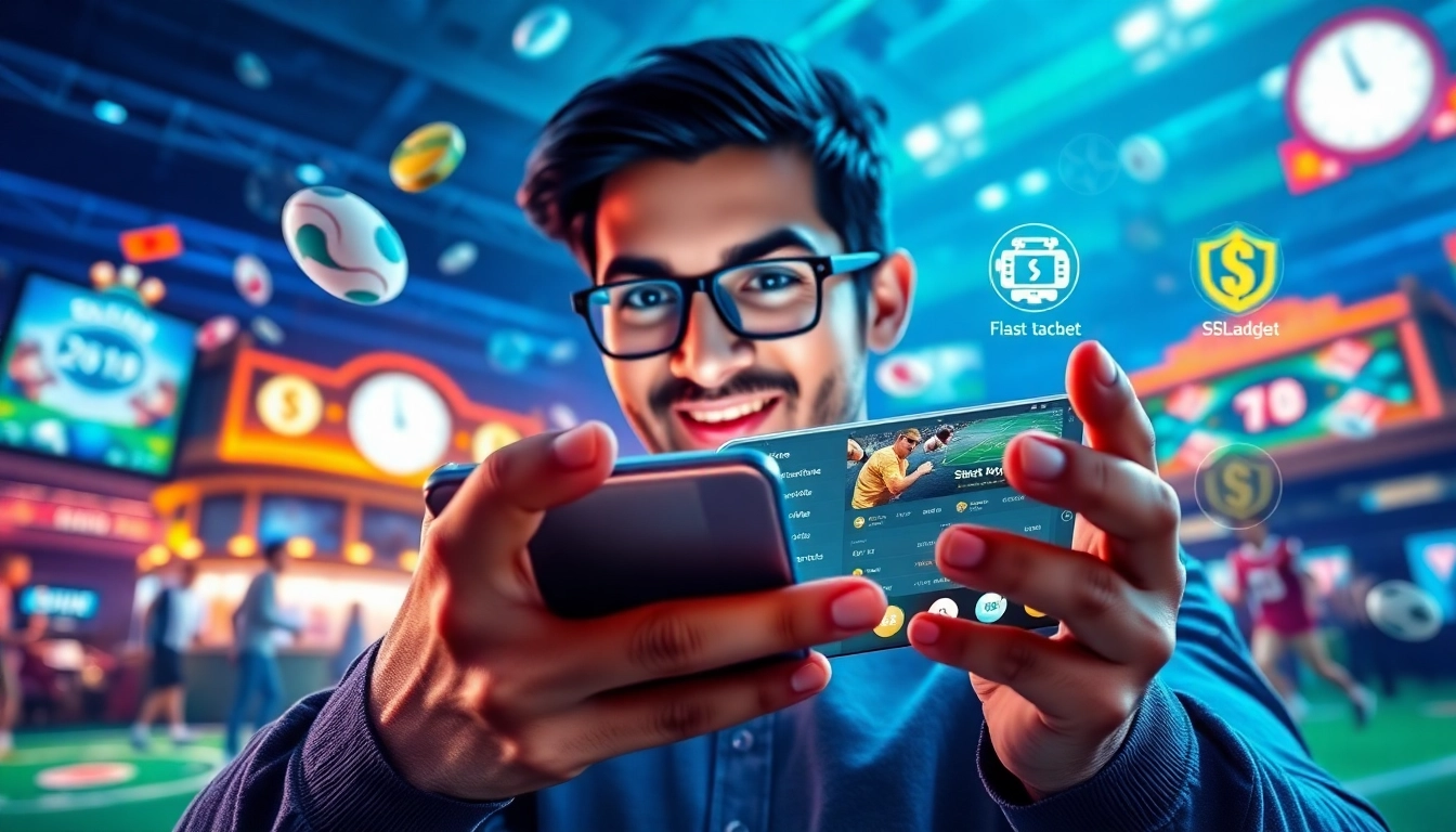 The 56WIN app user engaging in online betting, showcasing excitement in a vibrant digital atmosphere.