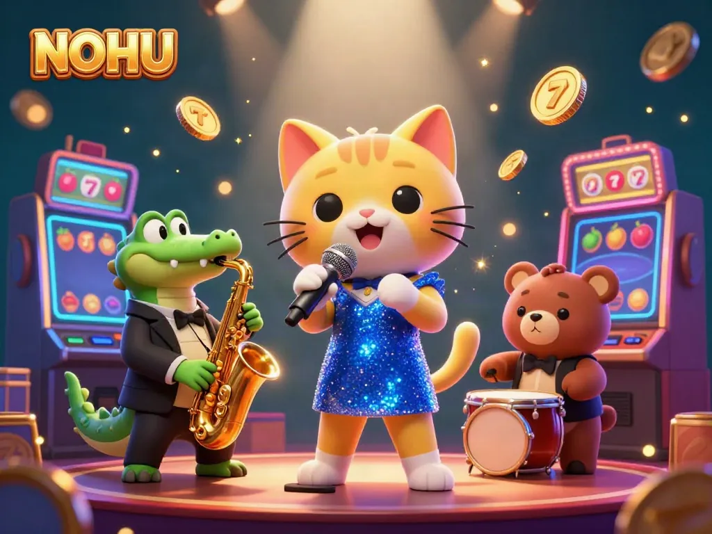 Experience the thrill of NOHU with a vivid cartoon scene of a jazz-singer cat and friends on a casino stage, surrounded by colorful slot machines.