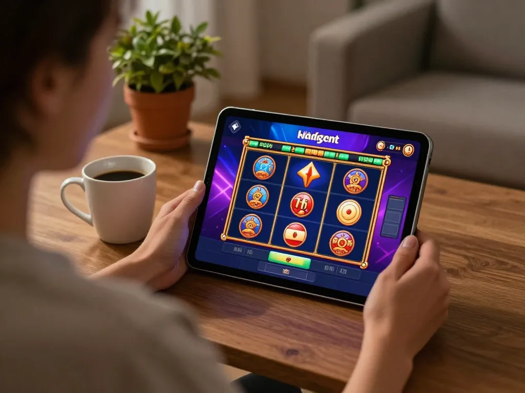 Bong88 user enjoying a thrilling online casino game on a tablet in a cozy home environment.