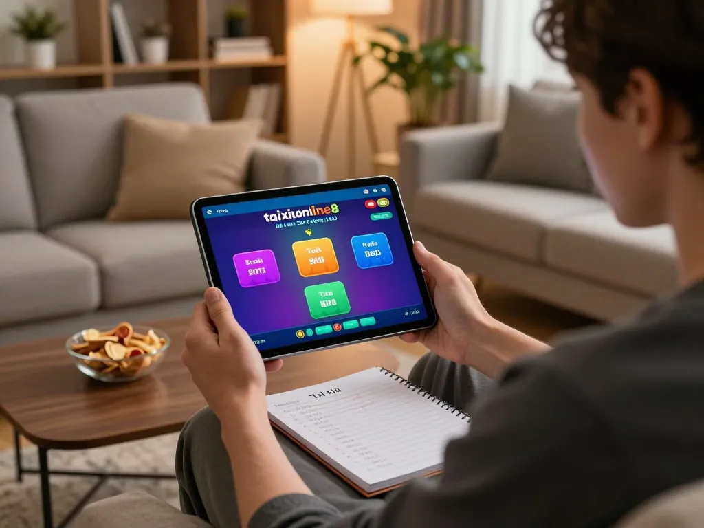 Engaging in online Tài Xỉu gaming on taixiuonline8 app within a cozy living room.