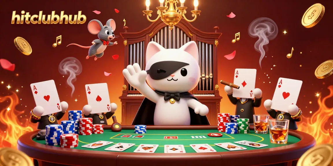 Engage with hitclubhub's vibrant casino atmosphere featuring a phantom cat at a royal poker table.