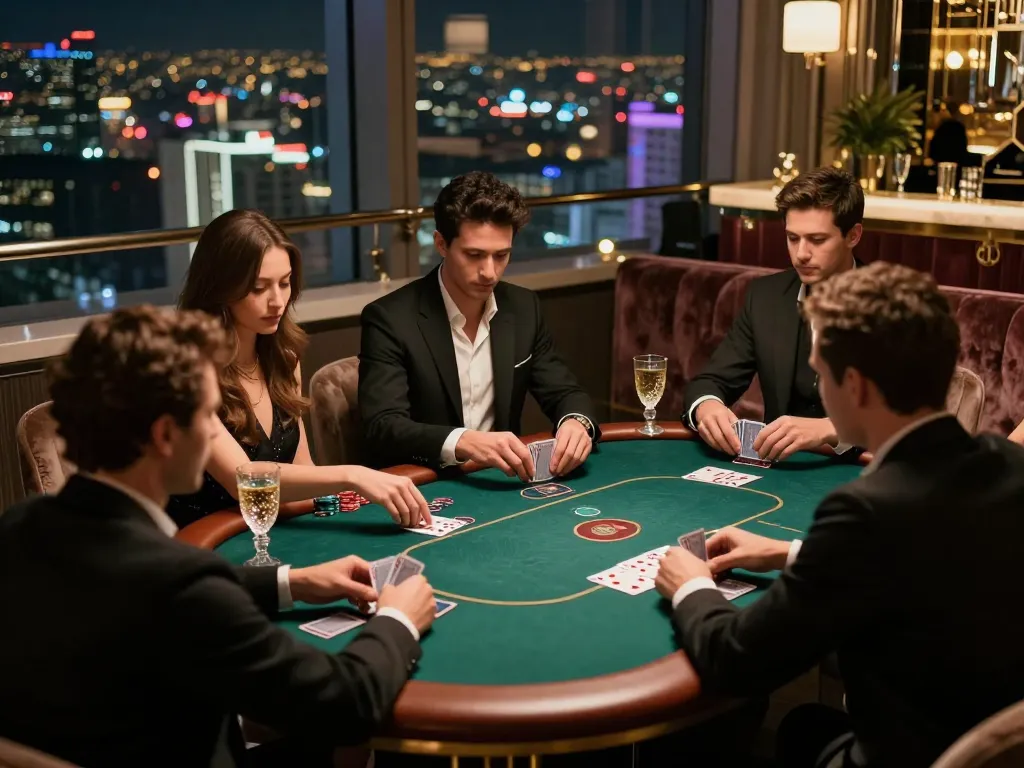 Players strategizing in high-stakes poker at 99OK's luxurious venue with stunning city views.