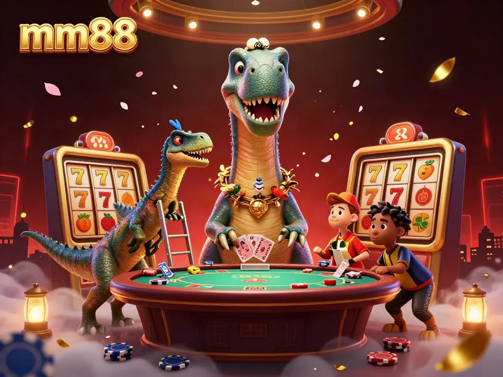 Experience excitement with mm88 as a giant brontosaurus watches a raptor deal cards at a vibrant casino scene.