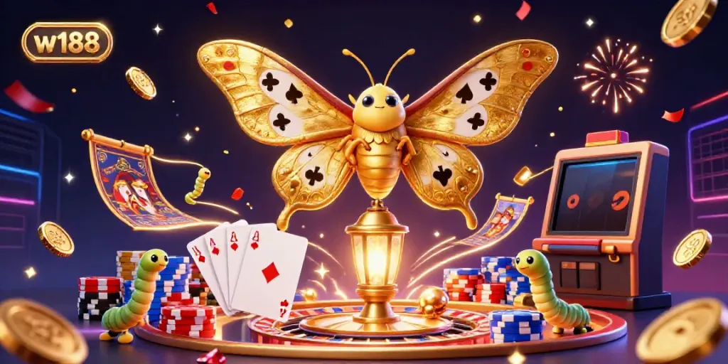 Experience the vibrant casino world of w188 with dynamic 3D visuals showcasing massive golden moths and cascading coins.