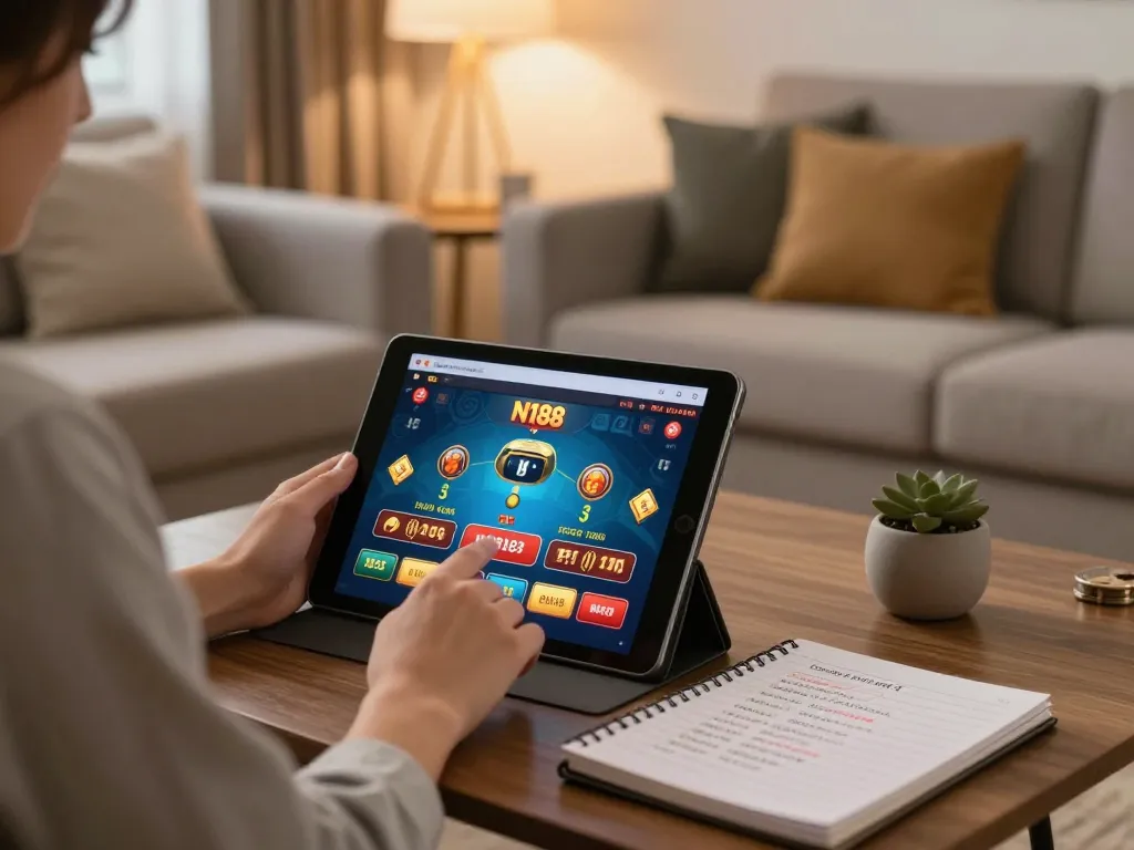 Playing casino games via N188 platform on a tablet in a cozy living room setting