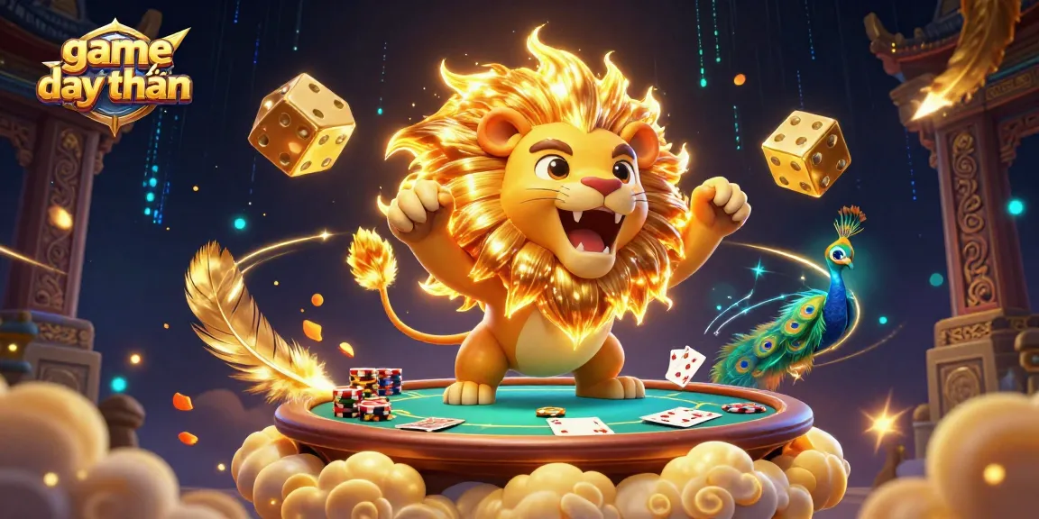 Play thrilling game đổi thưởng with a sun lion, golden dice, and poker elements, showcasing a vibrant casino atmosphere.