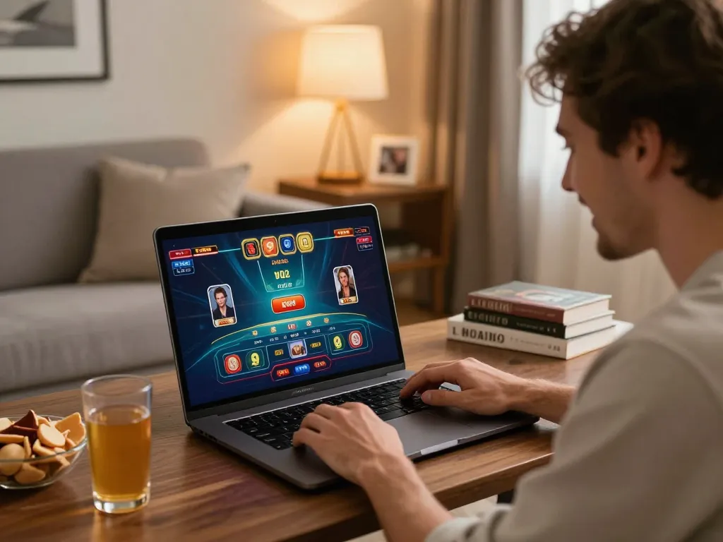 SIN88 player engaging in live dealer gaming experience at home with vibrant screen and snacks