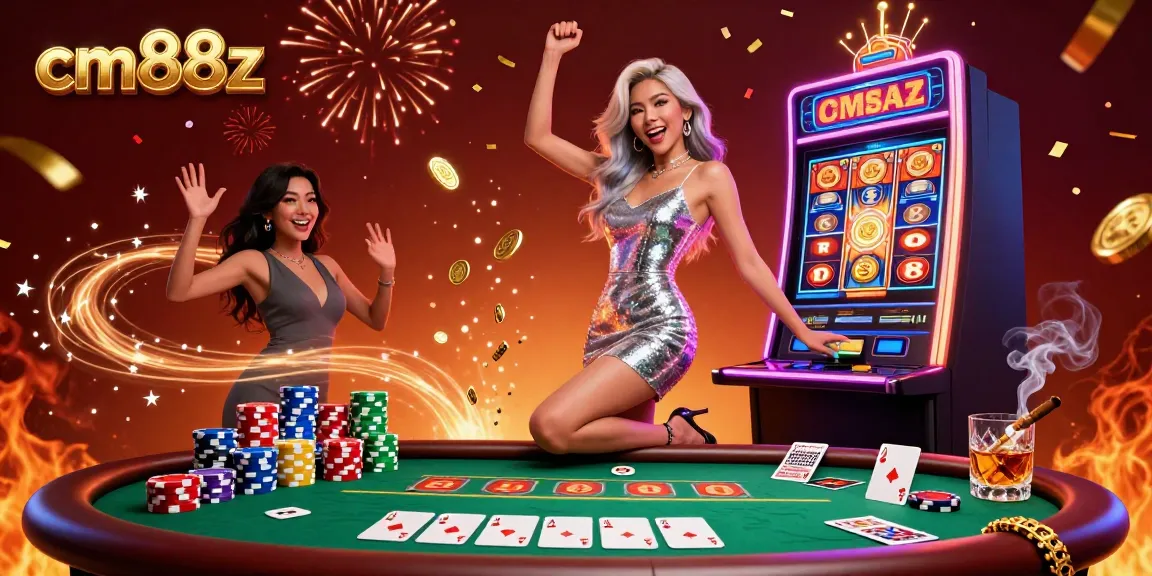 Experience excitement at cm88z with a glamorous woman celebrating a jackpot win at a dynamic casino scene.
