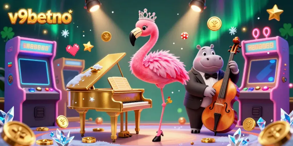 Experience vibrant gambling thrills with v9betno's lively casino illustration featuring a flamingo singer and hippo bassist.