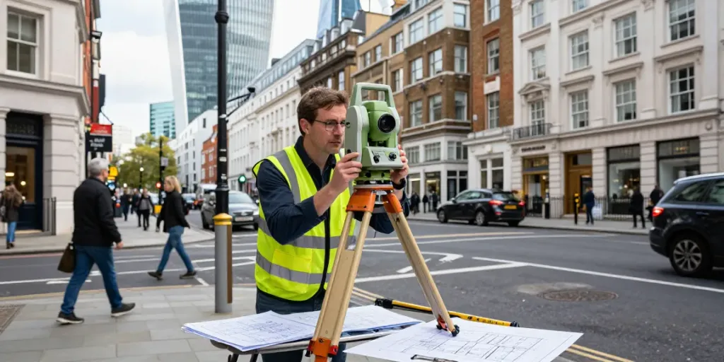 Land Surveyors London team measuring urban properties with precision tools in a busy city atmosphere.