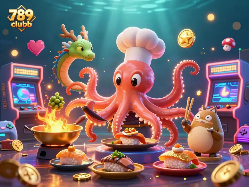 Experience the vibrant energy of 789clubb with a dynamic casino-themed art scene filled with exciting game elements.