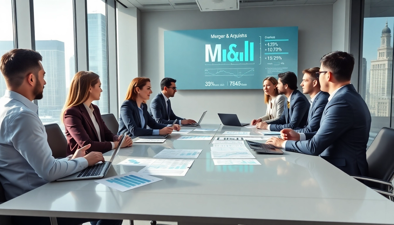 Mergers and acquisitions in the US: Business professionals negotiate in a modern corporate meeting room.