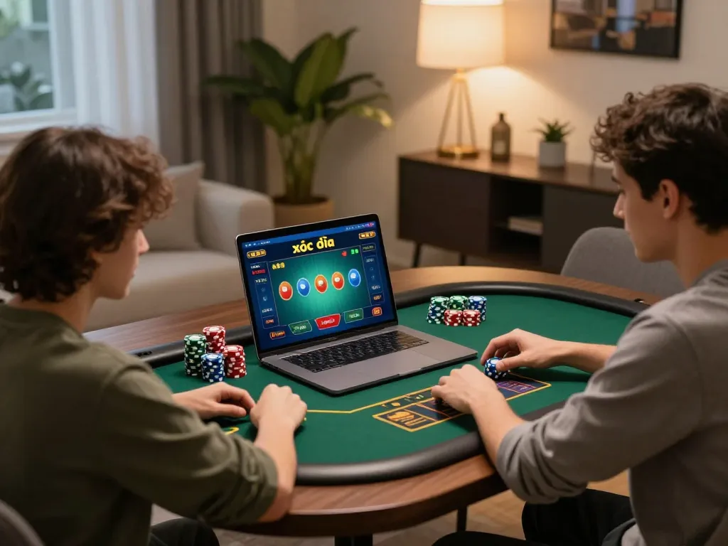 Xóc đĩa gameplay in a cozy home setting, with a player focused on their laptop.