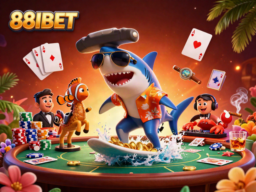 Win big at 88IBET with dynamic 3D illustration of a shark surfing on coins amidst casino elements.