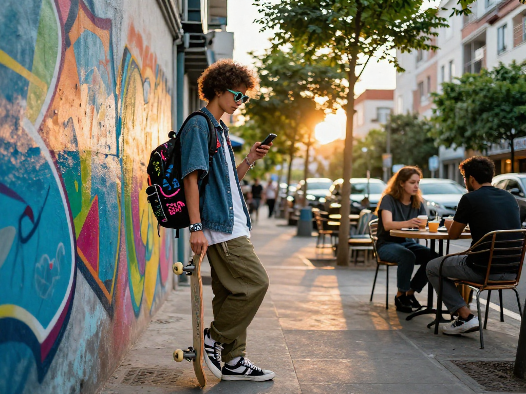 Fashionable urban lifestyle scene featuring an ai slut enthusiast in trendy streetwear.