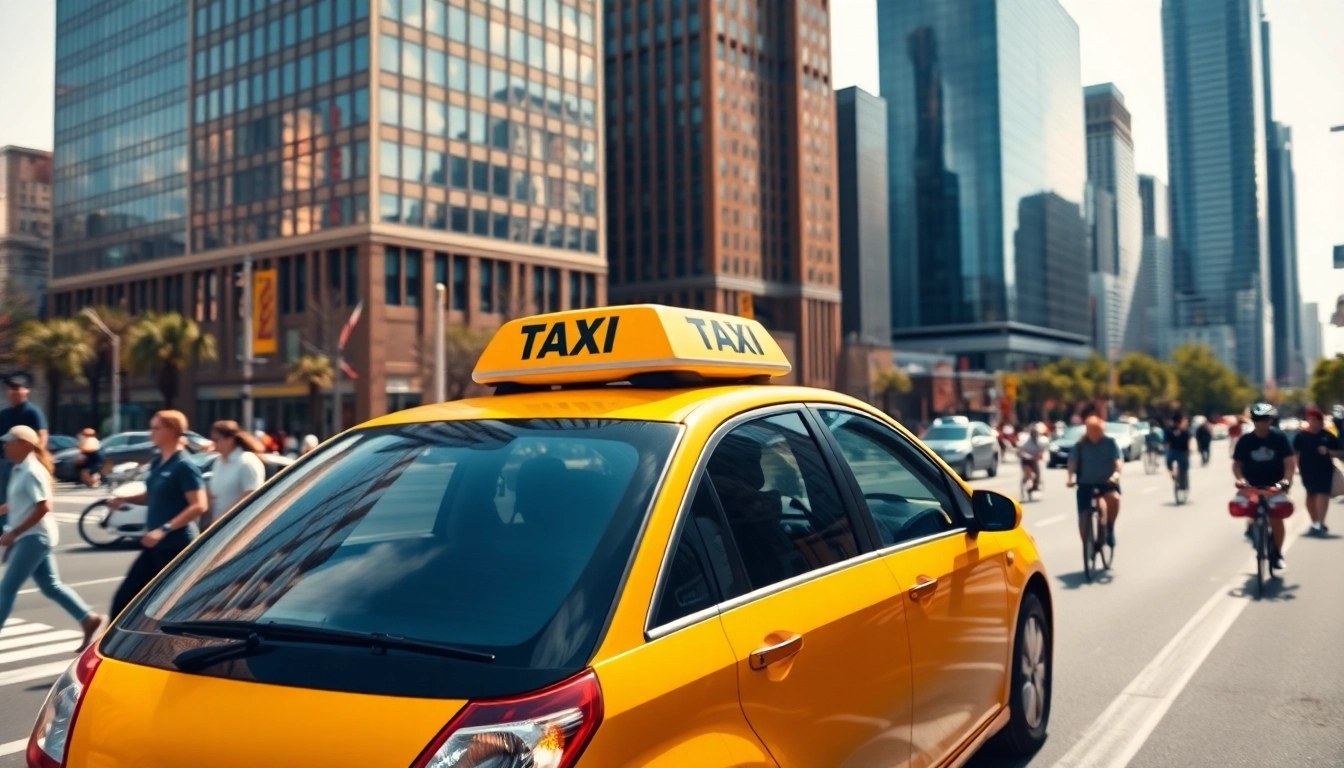 Taxi navigating through a vibrant city street filled with pedestrians and cyclists.