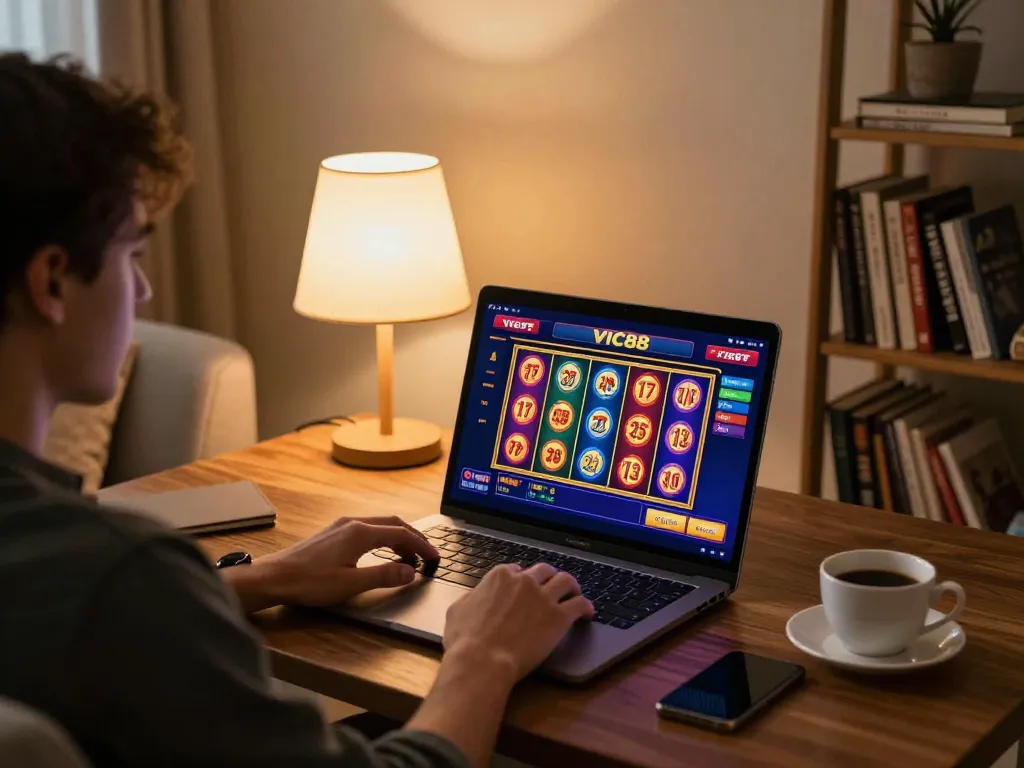 Engaging with VIC88's online slots while enjoying a cozy home setup.