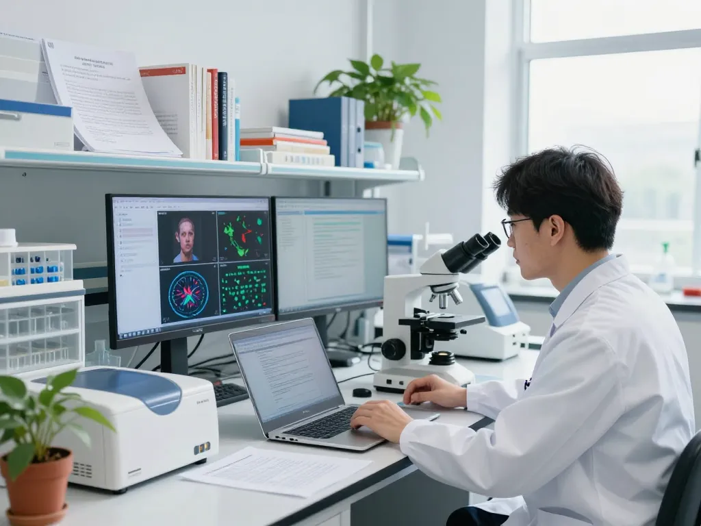 Scientist at https://nddo.org analyzing neurodegenerative disease data in modern laboratory.