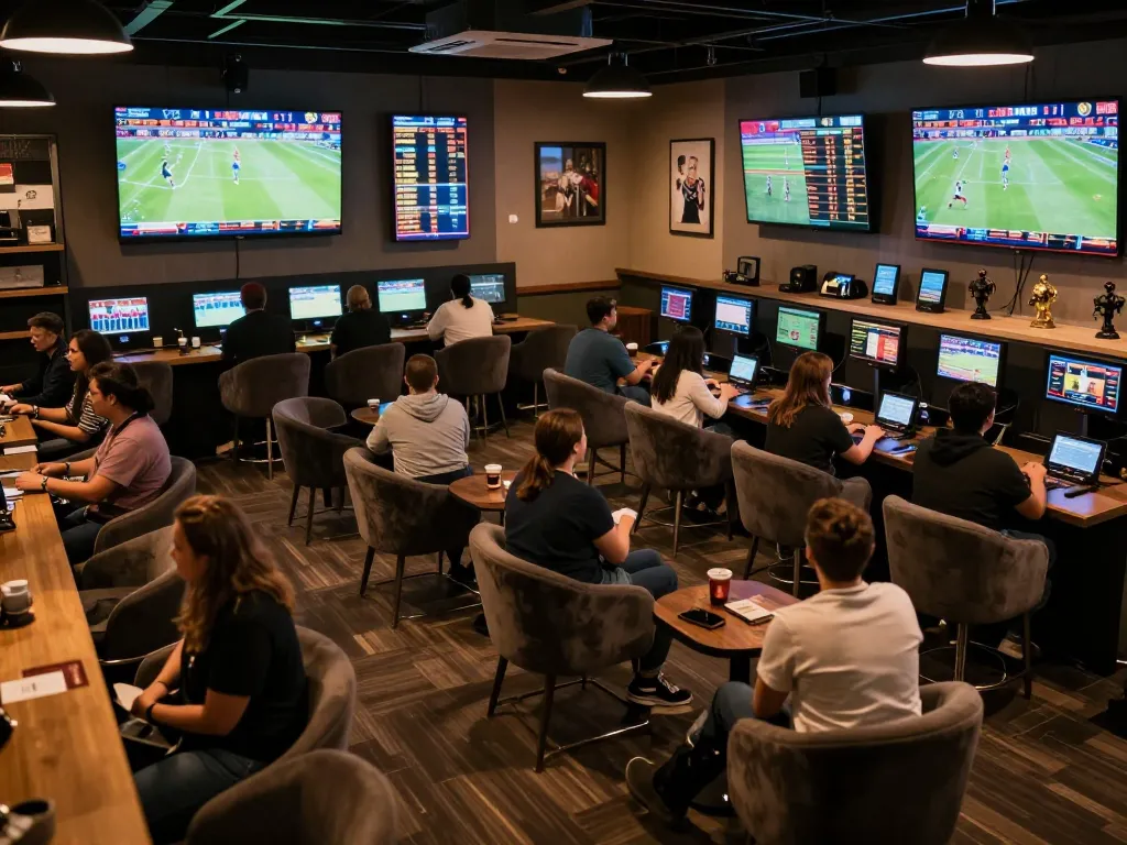 Engaged bettors analyzing odds on nhandinhkeonhacai in an upscale sports betting lounge.
