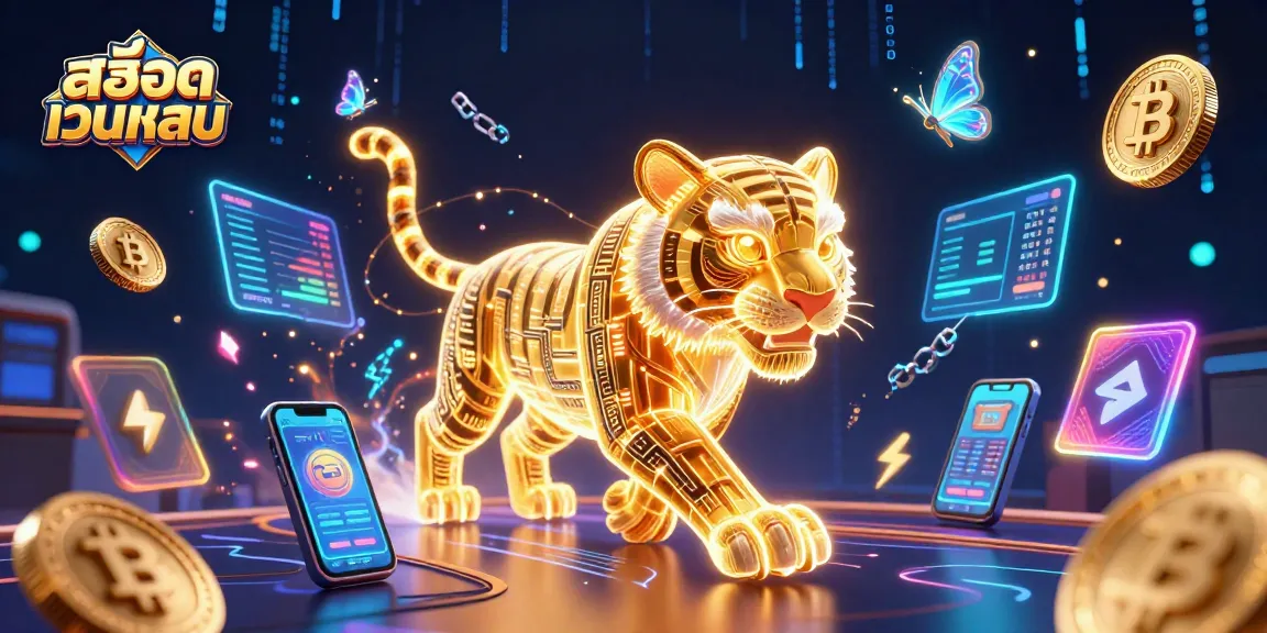 Play สล็อตเว็บตรง with a dazzling golden tiger in a vibrant digital casino landscape.