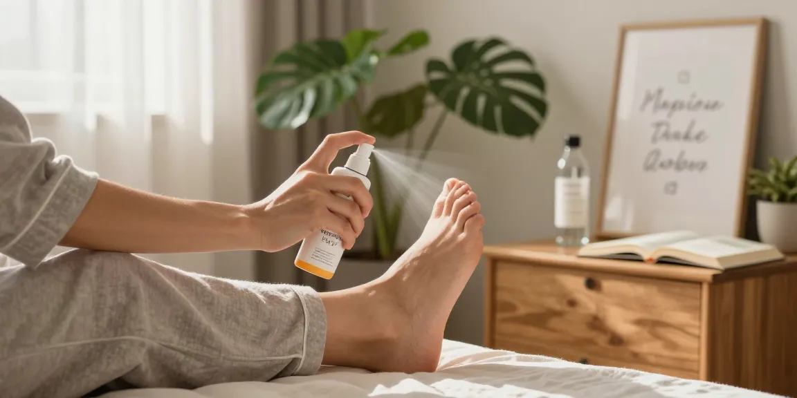 Applying Magnesium Body Spray on feet in a serene morning setting.