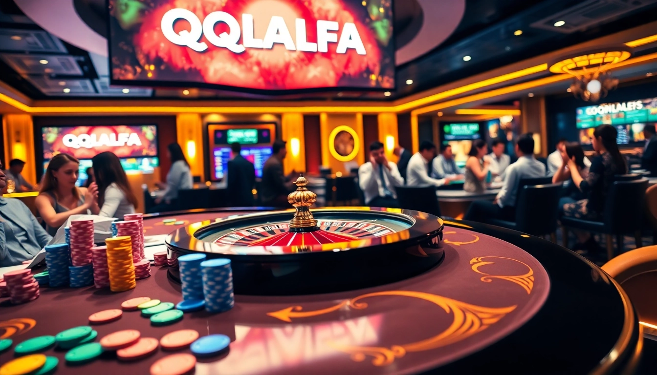 Engaging players at a luxurious QQALFA casino table with vibrant poker chips and excitement.