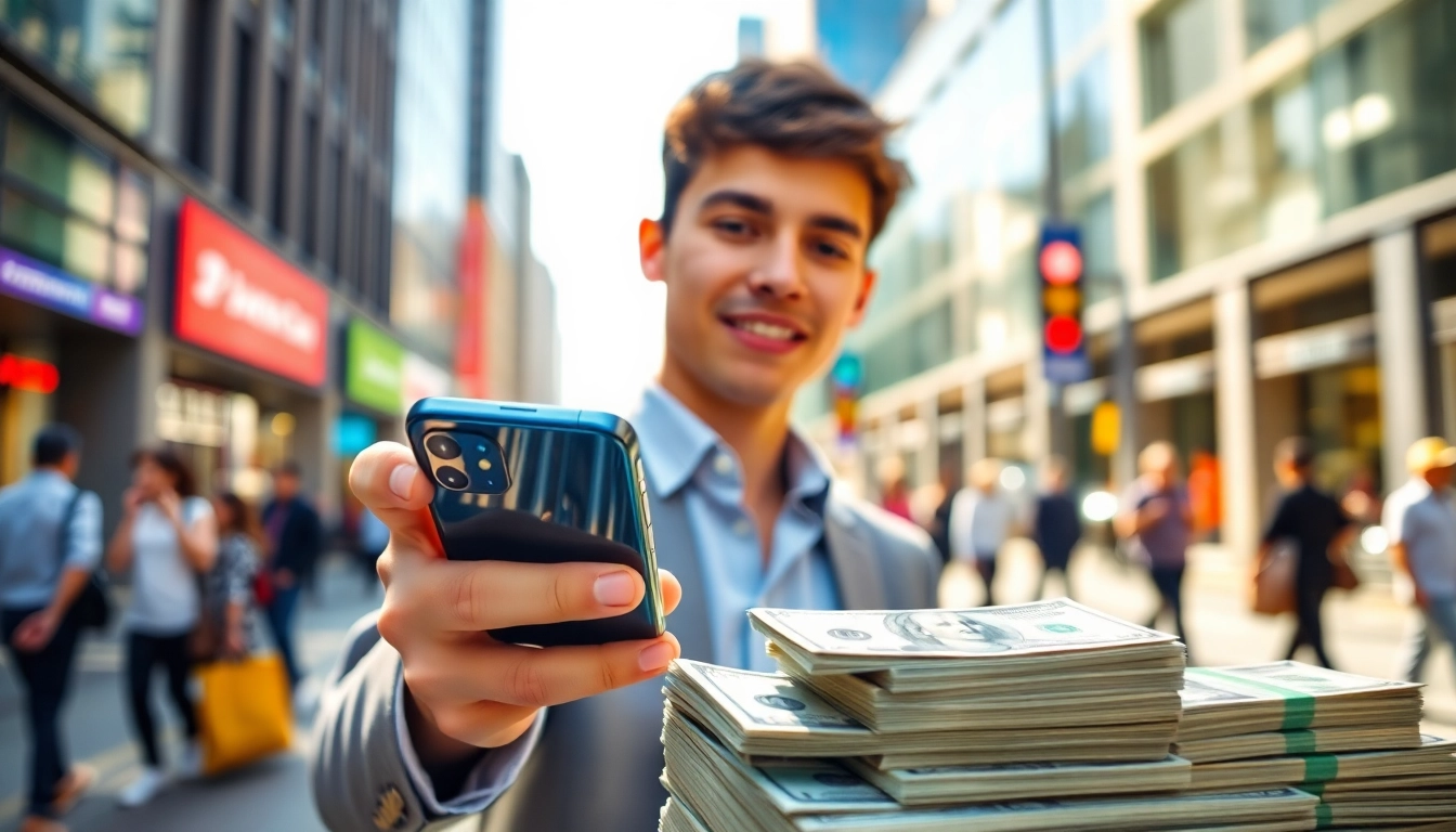 Sell Your Phone Instant Cash transaction featuring a young adult and money exchange in an urban setting.