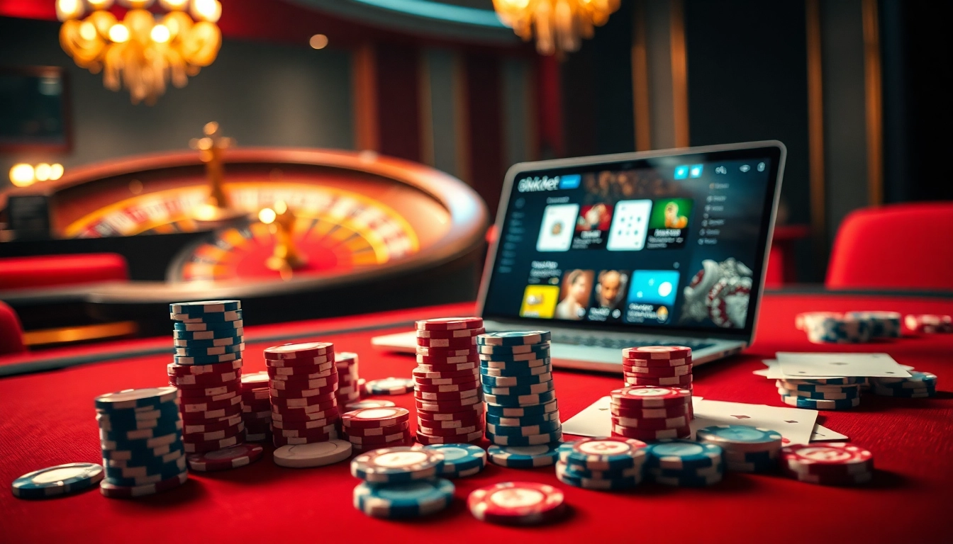 Gambling enthusiasts enjoying the thrilling experience of 8kbet online casino with poker chips and roulette.