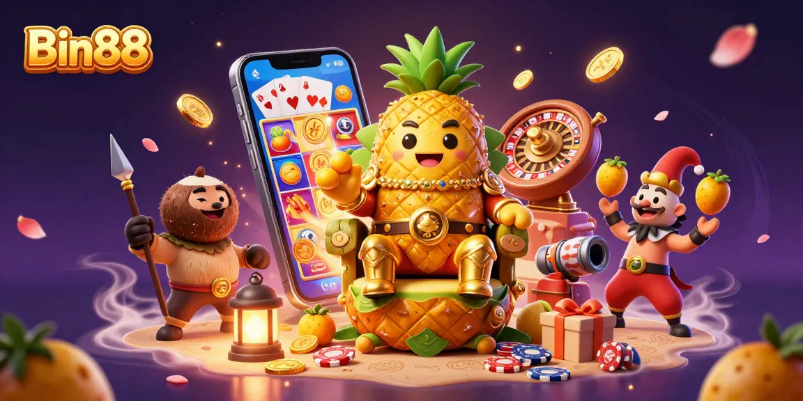 Experience Bin88's lively casino scene with vibrant characters and dynamic slot games.