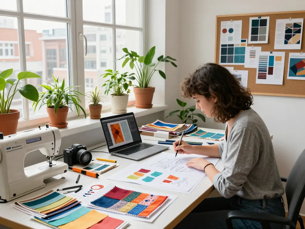 Home textile designer creating innovative patterns in a bright studio, showcasing sunwin fabric concepts.